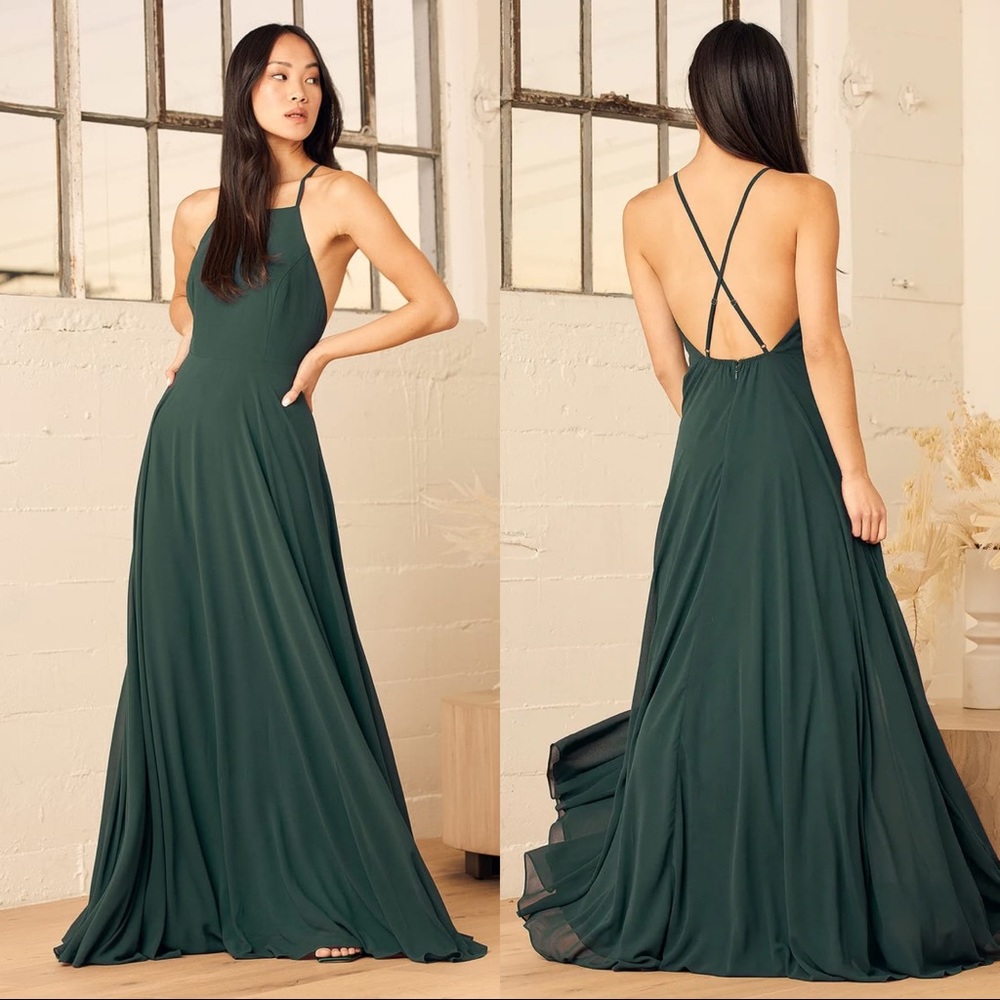 Lulus Mythical Kind of Love Dark Green Maxi Dress Medium NWT
